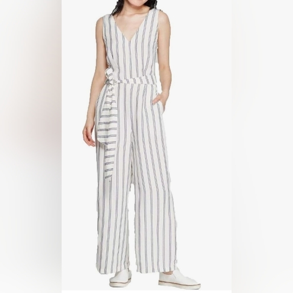 A New Day Women's Striped Sleeveless V-Neck Jumpsuit - Cream Stripes Linen XXL - Picture 1 of 8